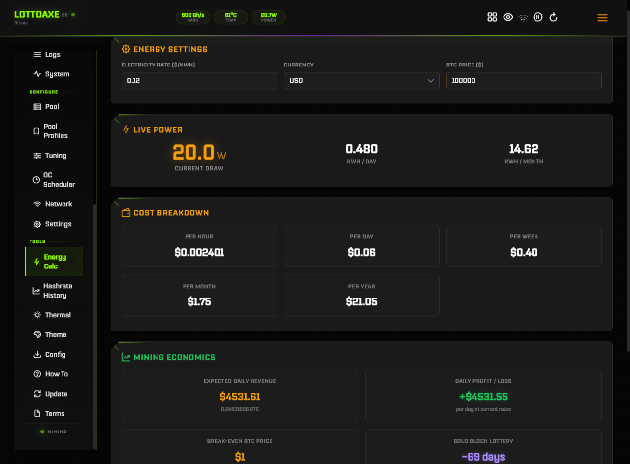 LottoAxe OS Energy Calculator — power costs and mining economics