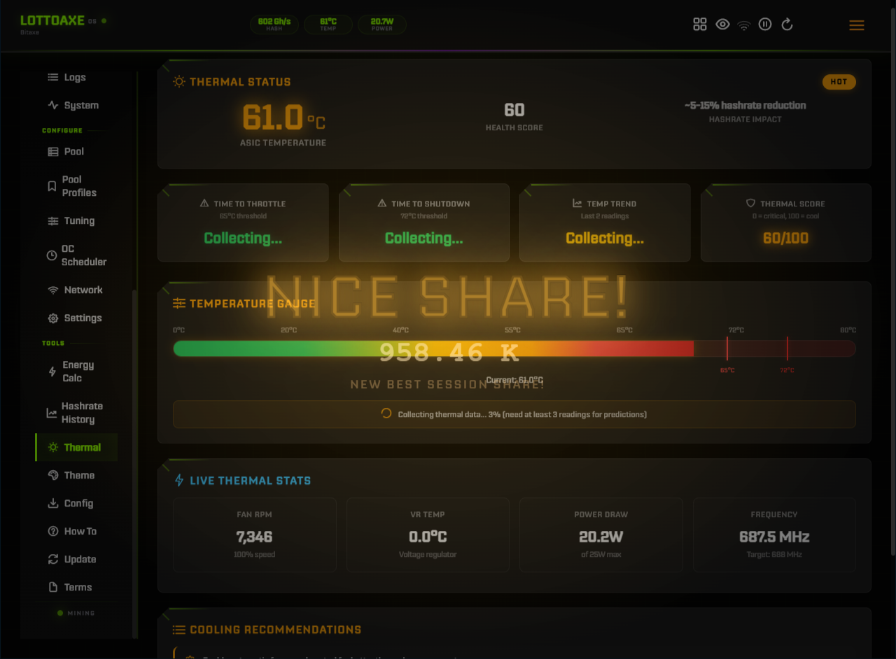 LottoAxe OS Thermal Prediction — health score and cooling recommendations